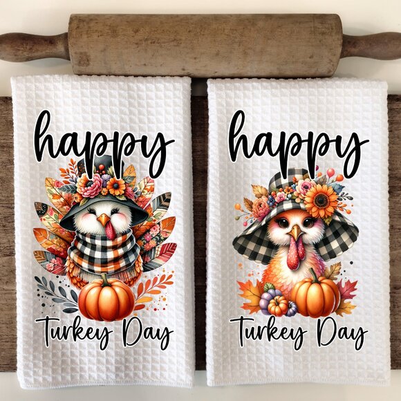Happy Turkey Day Kitchen Towel Set, Thanksgiving Dish Towel, Hostess gift - Picture 1 of 8